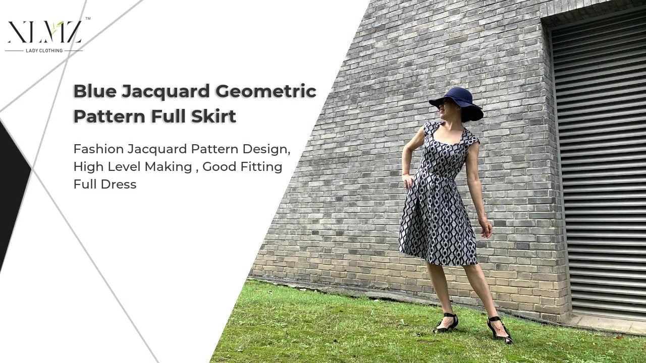 Blå jacquard geometriskt mönster hel kjol