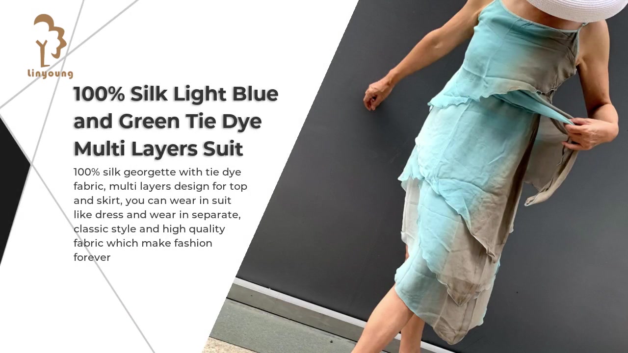 Terno 100% Seda Azul Claro e Verde Tie Dye Múltiplas Camadas