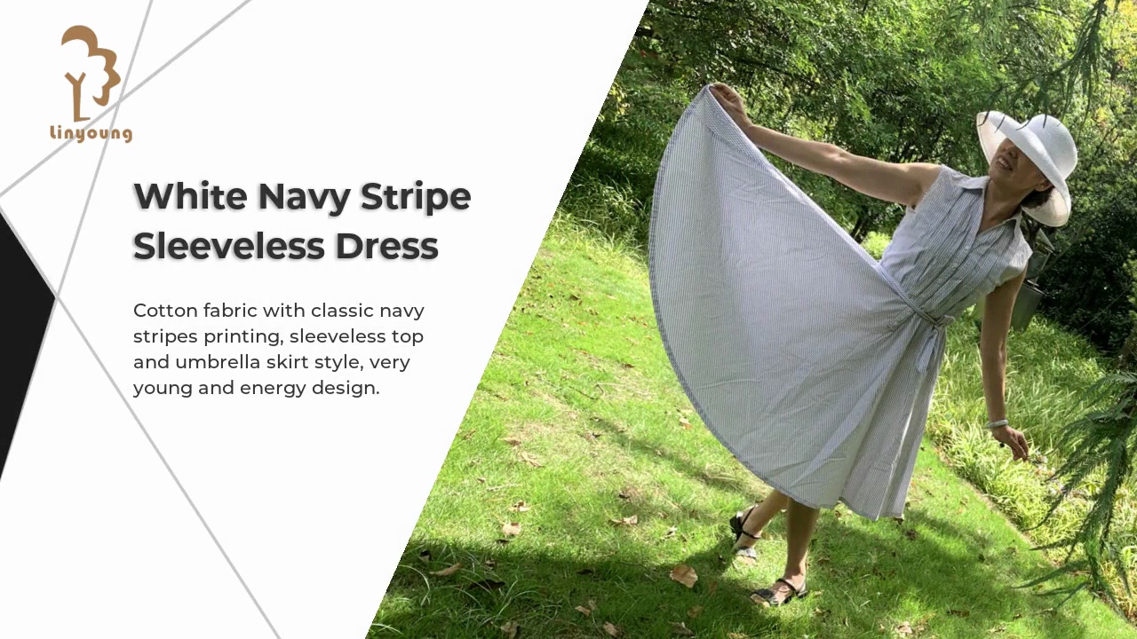 White Navy Stripe .Sleeveless Dress.Cotton fabric with classic navy .stripes printing, sleeveless top .and umbrella skirt style, very .young and energy design.