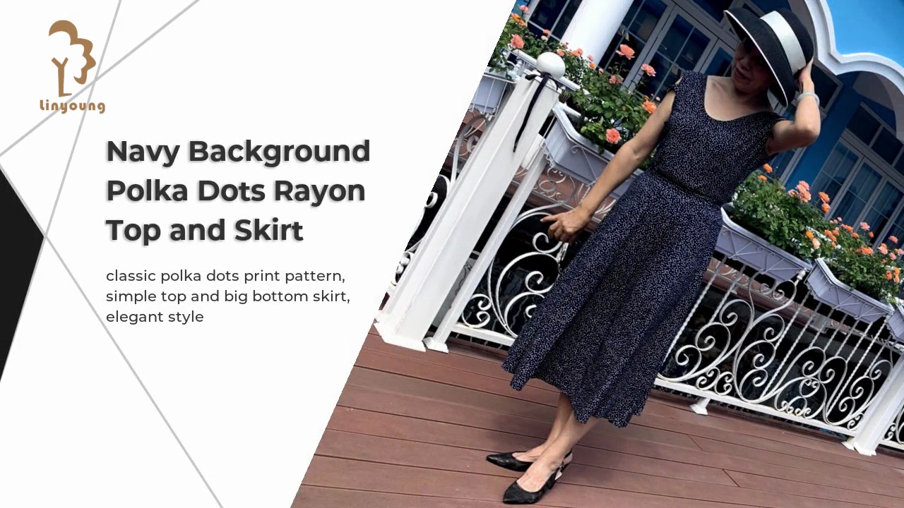Navy Background .Polka Dots Rayon .Top and Skirt.classic polka dots print pattern, .simple top and big bottom skirt, .elegant style .