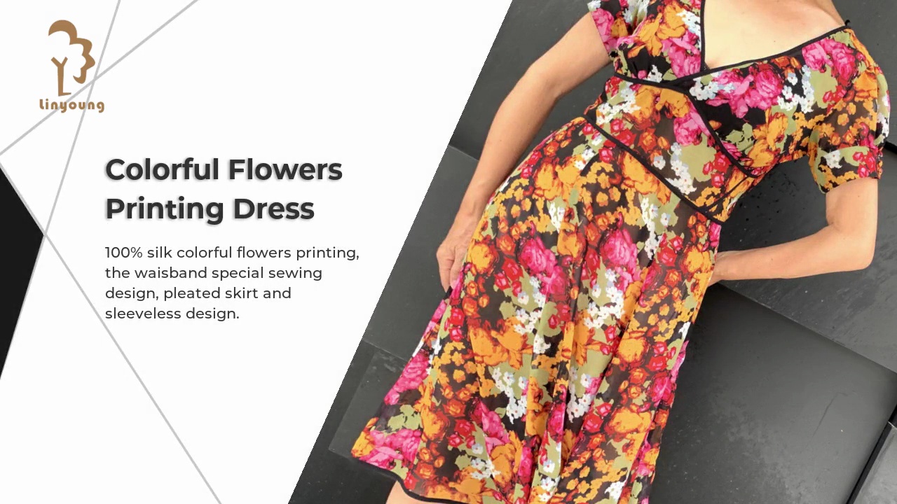 Colorful Flowers .Printing Dress.100% silk colorful flowers printing, .the waisband special sewing .design, pleated skirt and .sleeveless design.