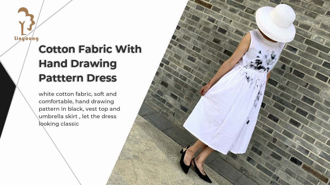 Cotton Fabric With .Hand Drawing .Patttern Dress.white cotton fabric, soft and .comfortable, hand drawing .pattern in black, vest top and .umbrella skirt , let the dress .looking classic.