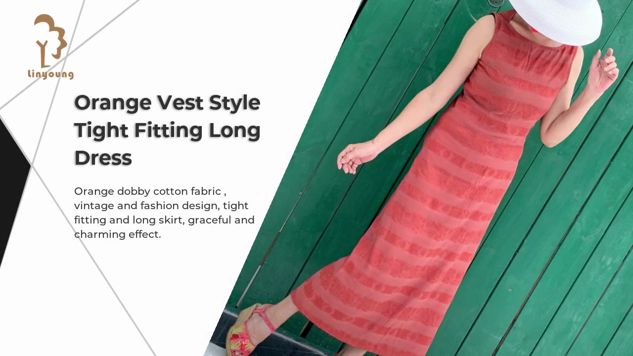 Orange Vest Style .Tight Fitting Long .Dress.Orange dobby cotton fabric , .vintage and fashion design, tight .fitting and long skirt, graceful and .charming effect.