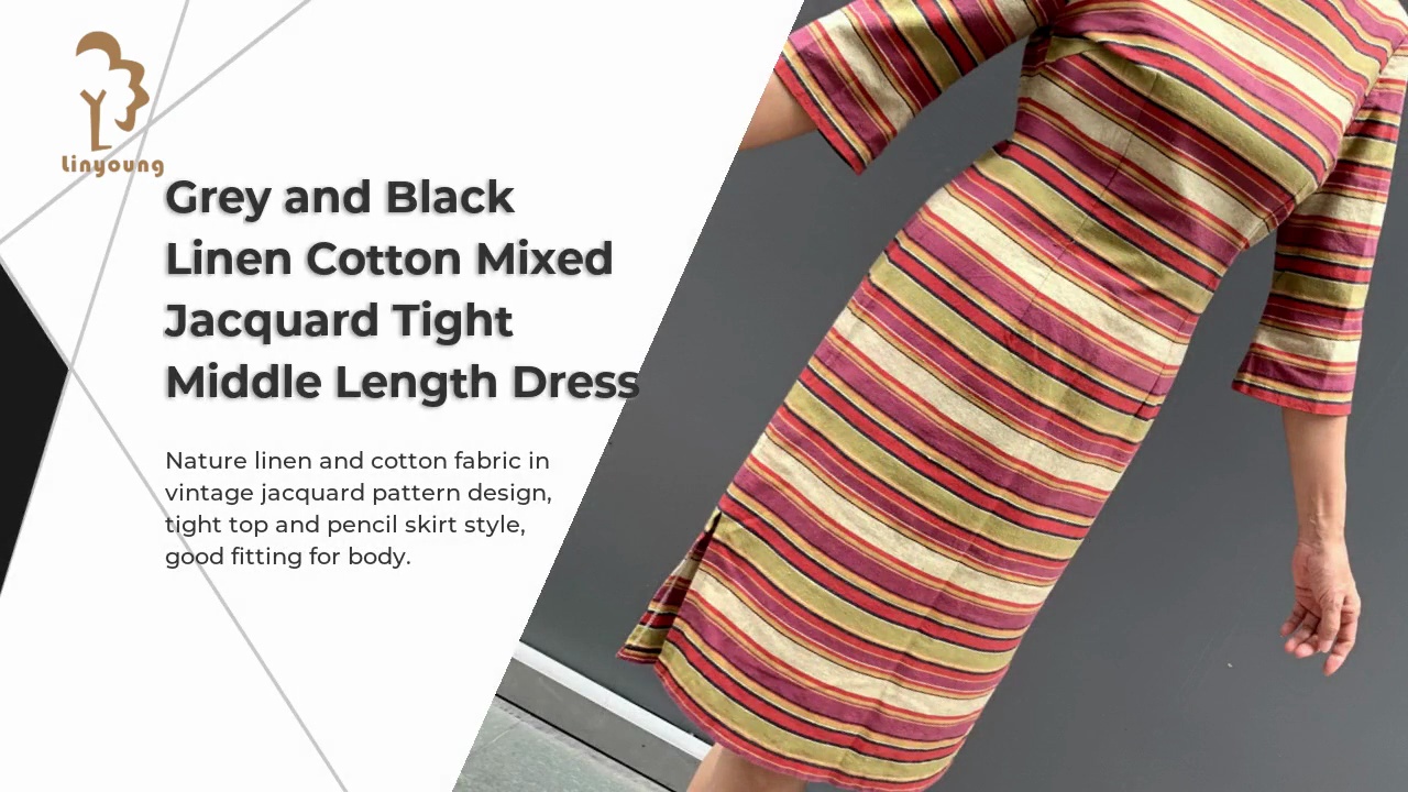 Grey and Black .Linen Cotton Mixed .Jacquard Tight .Middle Length Dress.Nature linen and cotton fabric in .vintage jacquard pattern design, .tight top and pencil skirt style, .good fitting for body.