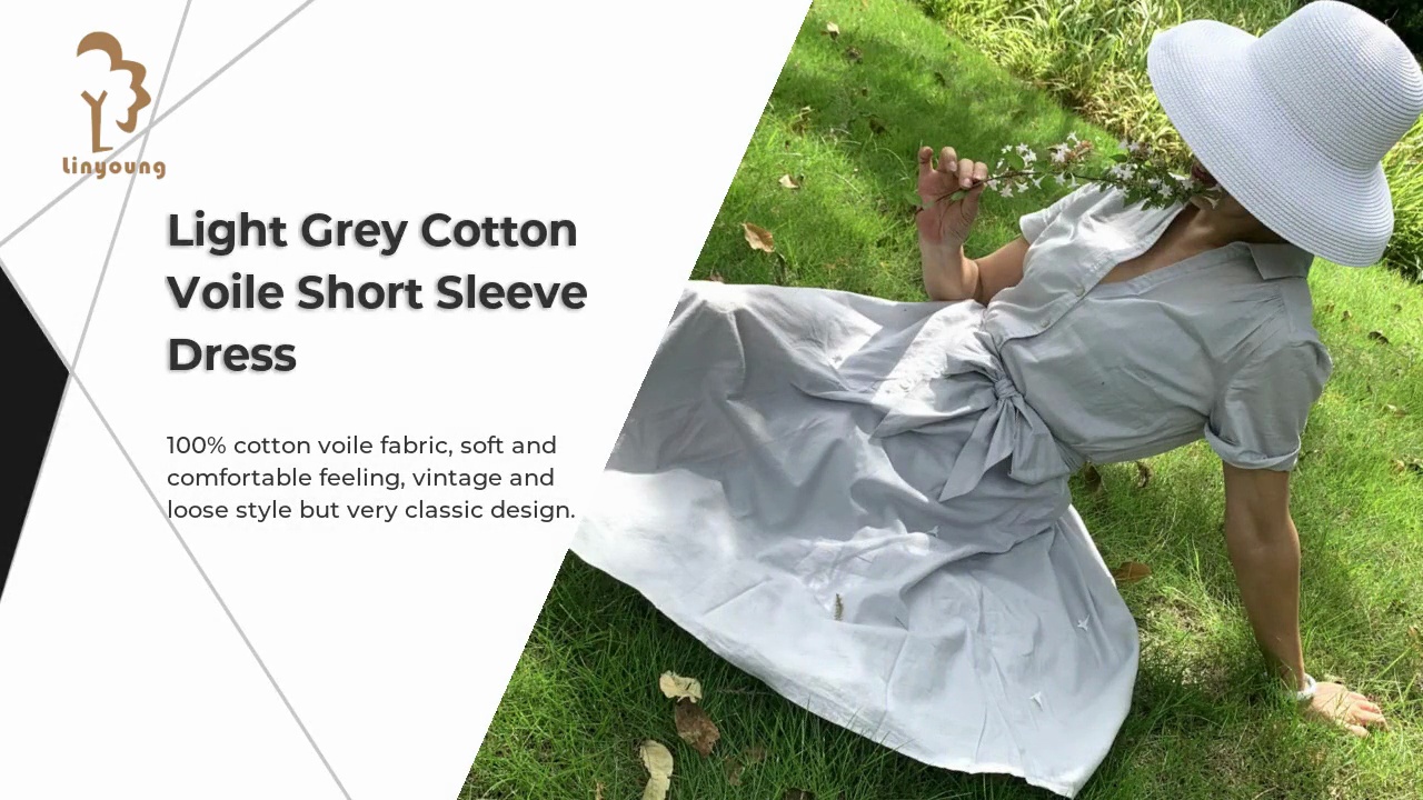 Light Grey Cotton .Voile Short Sleeve .Dress.100% cotton voile fabric, soft and .comfortable feeling, vintage and .loose style but very classic design.