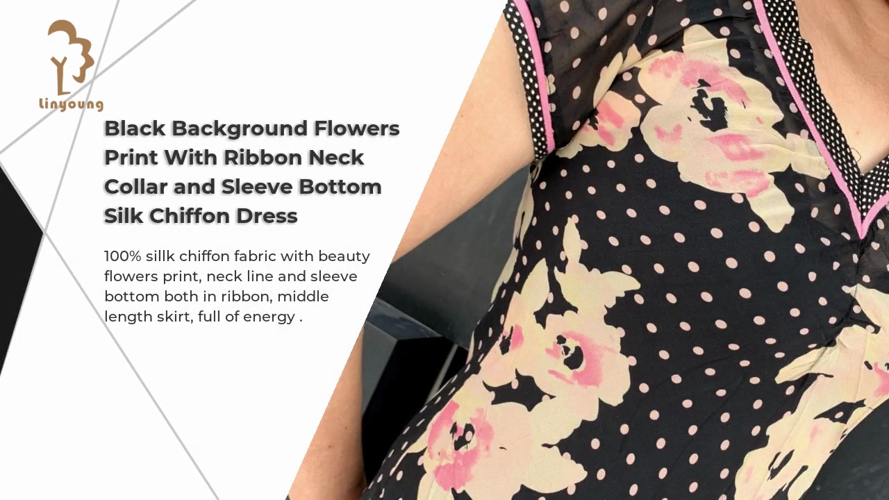 Black Background Flowers .Print With Ribbon Neck .Collar and Sleeve Bottom .Silk Chiffon Dress.100% sillk chiffon fabric with beauty .flowers print, neck line and sleeve .bottom both in ribbon, middle .length skirt, full of energy .