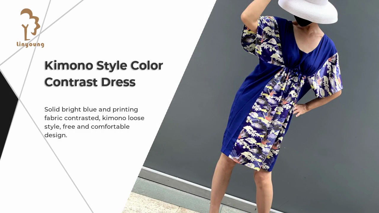 Kimono Style Color .Contrast Dress.Solid bright blue and printing .fabric contrasted, kimono loose .style, free and comfortable .design.