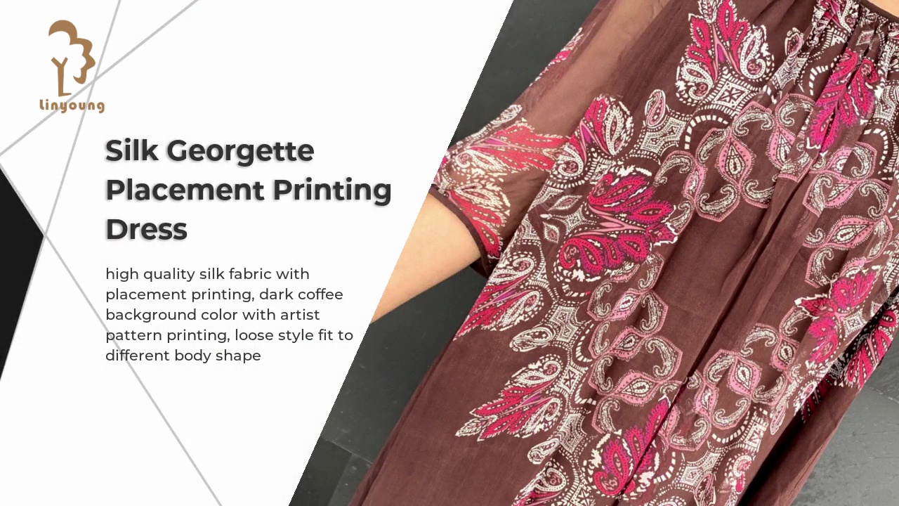 Silk Georgette .Placement Printing .Dress.high quality silk fabric with .placement printing, dark coffee .background color with artist .pattern printing, loose style fit to .different body shape.