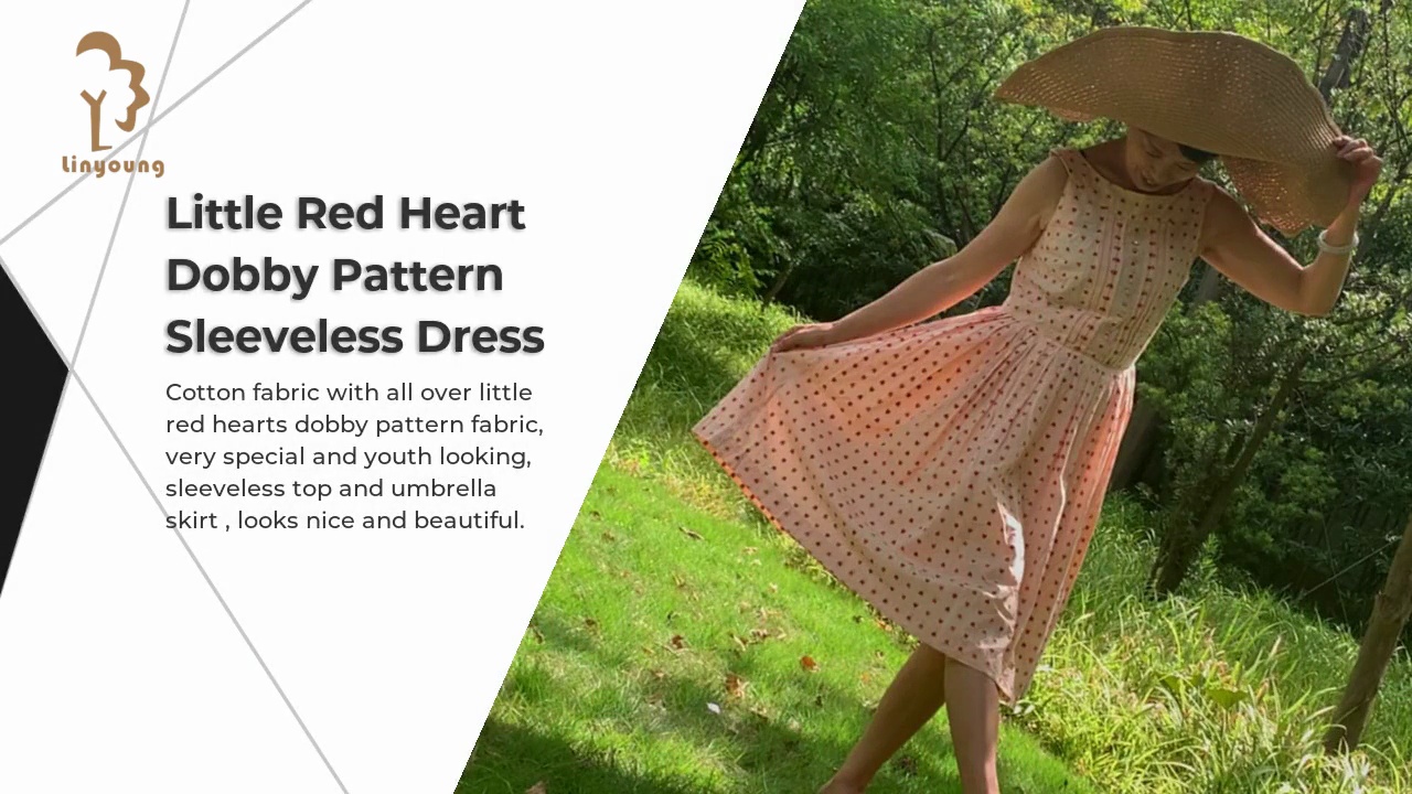 Little Red Heart .Dobby Pattern .Sleeveless Dress.Cotton fabric with all over little .red hearts dobby pattern fabric, .very special and youth looking, .sleeveless top and umbrella .skirt , looks nice and beautiful.