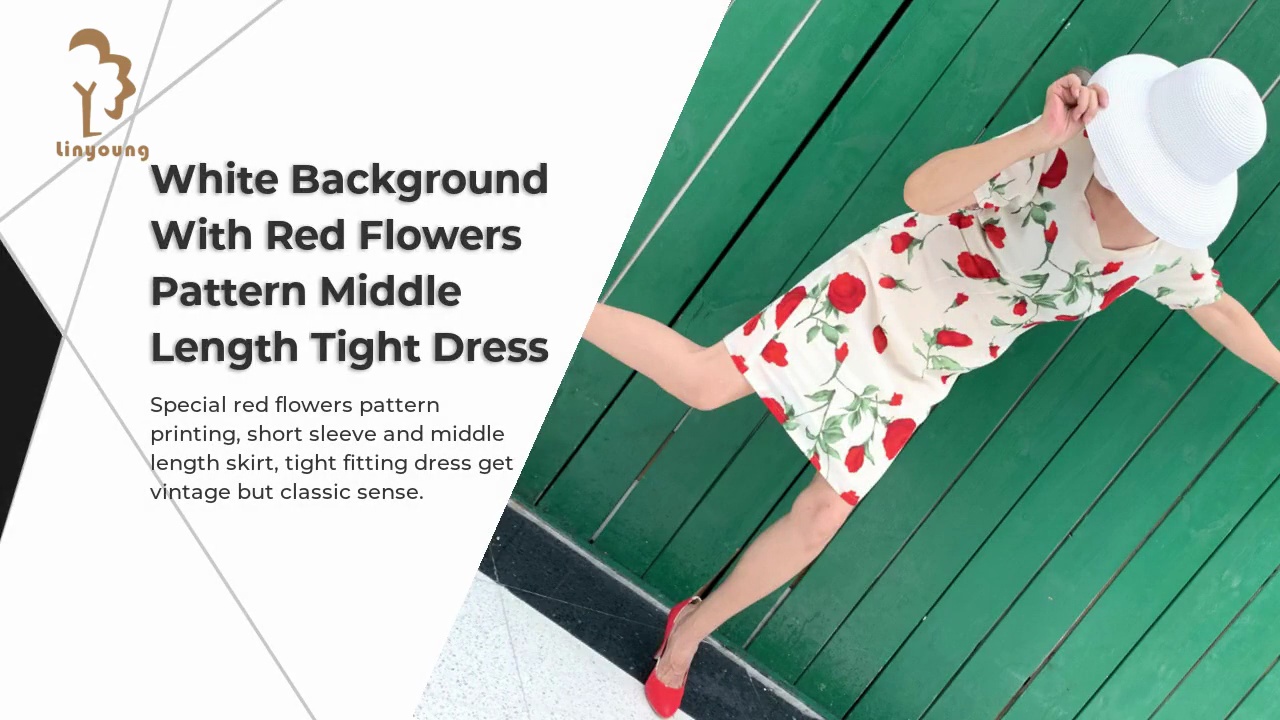 White Background .With Red Flowers .Pattern Middle .Length Tight Dress.Special red flowers pattern .printing, short sleeve and middle .length skirt, tight fitting dress get .vintage but classic sense.