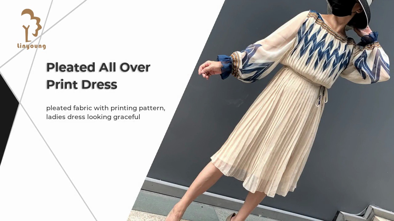 Pleated All Over .Print Dress.pleated fabric with printing pattern, .ladies dress looking graceful .