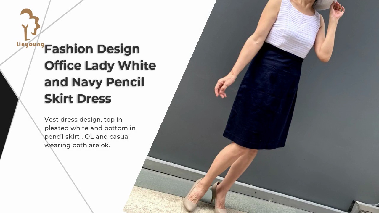 Fashion Design .Office Lady White .and Navy Pencil .Skirt Dress.Vest dress design, top in .pleated white and bottom in .pencil skirt , OL and casual .wearing both are ok.